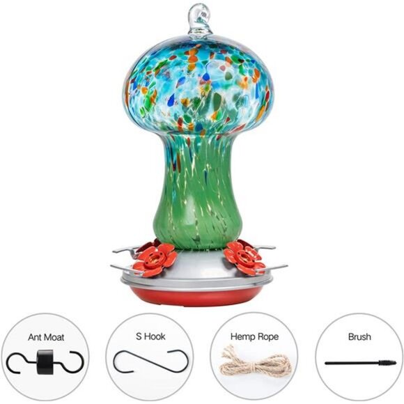 28 Ounces Hand Blown Glass Hummingbird Feeder for Outside, 4 Feeding Perch - Picture 3 of 7